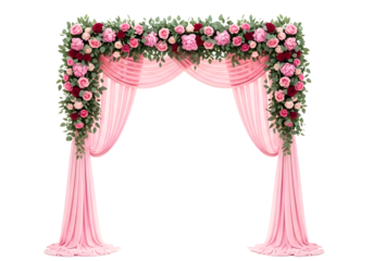 Beautiful pink and red floral wedding arch with greenery isolated on transparent background