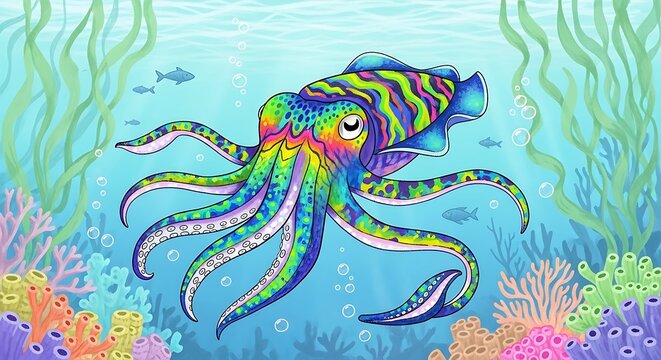 Colorful underwater cuttlefish swimming in the ocean with coral reefs.