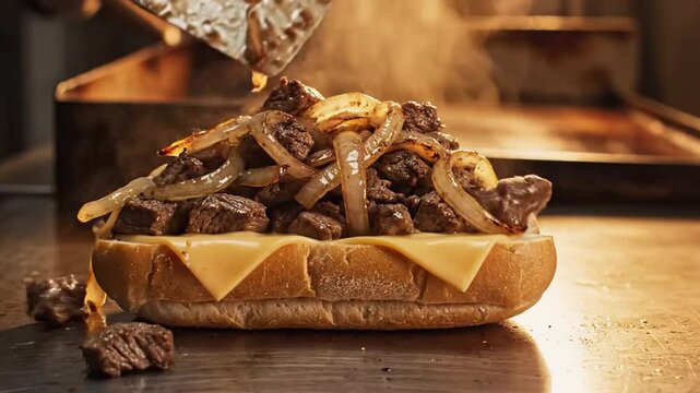Delicious Philly cheesesteak sandwich with sizzling onions and melted cheese being assembled on a griddle