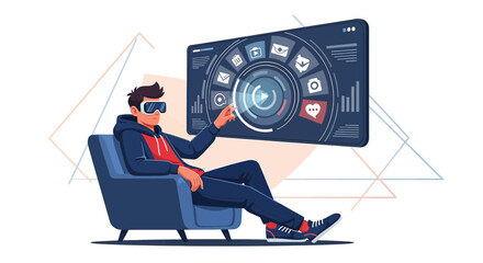 Man immersed in virtual reality with advanced interface displays innovative tech trends