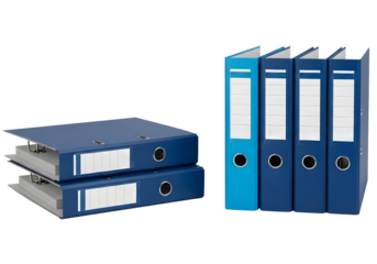 Blue office binders and ring binders on transparent background for organization