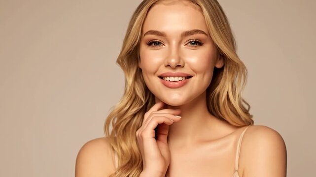 Young woman with blonde hair and a gentle smile, delicately touching her face