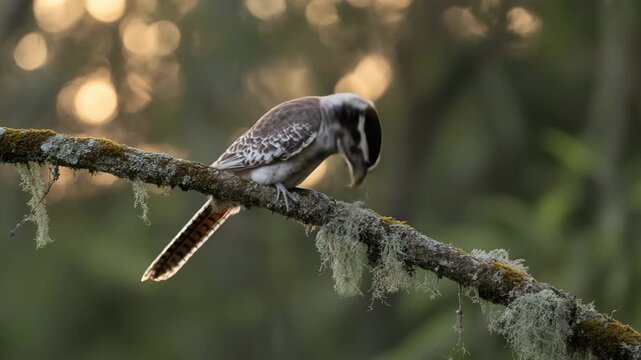Camouflaged potoo bird perched motionless on tree in dense forest