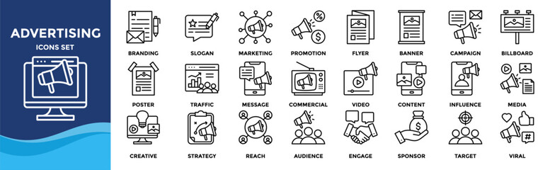 Advertising icon set collection. Icon pack contains advertising, branding, promotion, marketing, campaign, banner, poster, flyer, billboard, commercial
