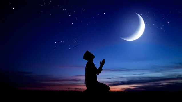 Silhouette Dua Prayer Facing Crescent Moon and Stars