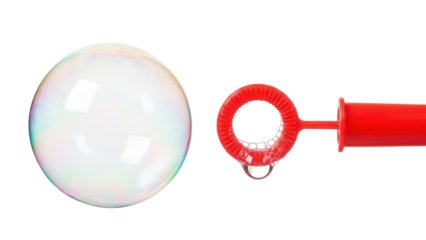 Soap bubble PNG isolated on transparent background, iridescent sphere with red bubble wand and water droplet, childhood fun