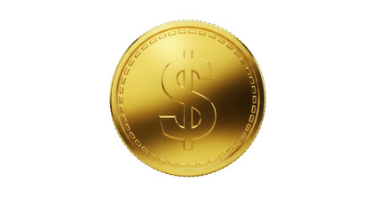 Shiny gold dollar coin isolated PNG on transparent background, money currency symbol for finance and investment concepts