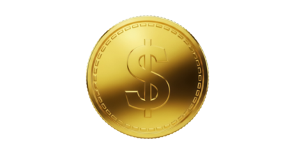 Shiny gold dollar coin isolated PNG on transparent background, money currency symbol for finance and investment concepts