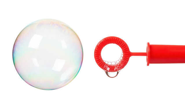 Soap bubble PNG isolated on transparent background, iridescent sphere with red bubble wand and water droplet, childhood fun