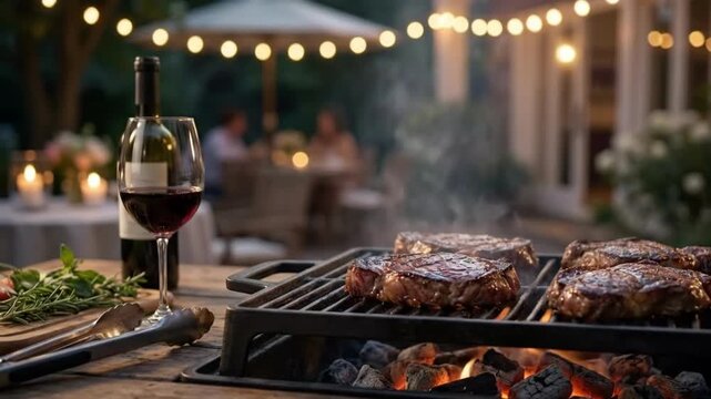 Romantic 4K Slow Motion Close-Up of Steaks Sizzling on BBQ Grill with Red Wine and Couple Dining on Patio at Night