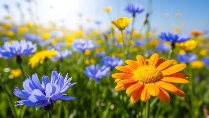 A close-up captures a vibrant wildflower meadow with bright orange, blue, and yellow blooms. The shallow depth of field blurs the background into a soft bokeh, drawing attention to a prominent orange 