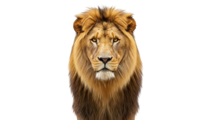 Majestic lion head PNG isolated on transparent background, powerful feline predator with golden mane for wildlife and nature designs