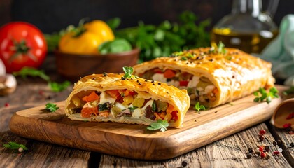 Delicious vegetable strudel on a wooden board, perfect for a healthy meal.