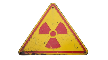 Worn radiation hazard sign PNG isolated on transparent background, yellow triangle with red radioactive trefoil symbol for warning and safety