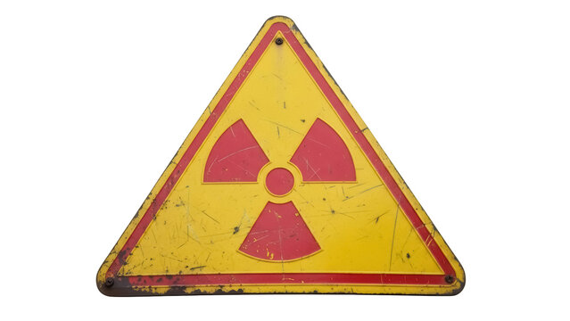 Worn radiation hazard sign PNG isolated on transparent background, yellow triangle with red radioactive trefoil symbol for warning and safety
