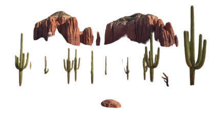 Arizona desert landscape with saguaro cacti PNG isolated on transparent background, southwestern scenery for compositing and design