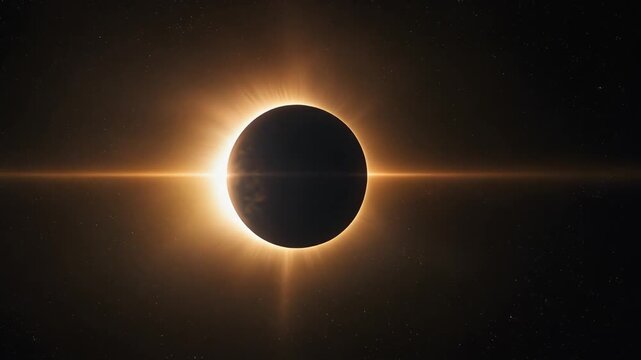 Solar eclipse with glowing corona and radiant beams against black sky, symbolizing cosmic alignment and mystery