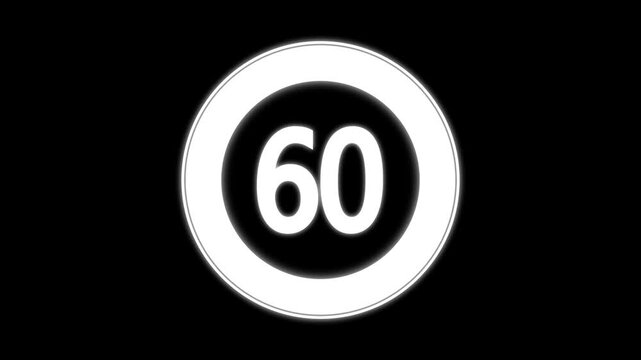 Countdown timer from 0 to 60 seconds real time. Modern flat design of countdown animation. Numerical counting from 0 to 60. Circular progress bar with bright neon white light.