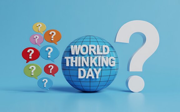 World thinking day puzzle globe with question marks - Powered by Adobe