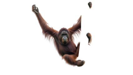 Hanging orangutan PNG isolated on transparent background, primate ape with long arms and reddish-brown fur for wildlife and conservation projects