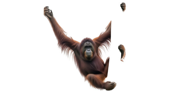 Hanging orangutan PNG isolated on transparent background, primate ape with long arms and reddish-brown fur for wildlife and conservation projects