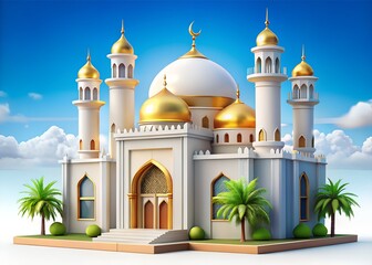 A majestic white and gold mosque with domes and minarets under a blue sky
