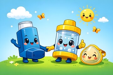 Child inhaling medication with spacer cute vector character 