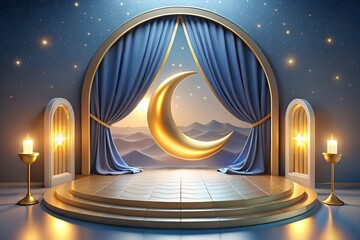 Golden crescent moon on a stage with blue curtains