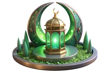 Glowing green lantern on a crescent moon base with lush greenery
