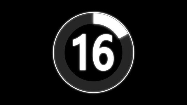 Countdown timer from 0 to 16 seconds real time. Modern flat design of countdown animation. Numerical counting from 0 to 16. Circular progress bar with bright neon white light.