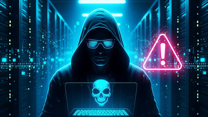 Anonymous cyber hacker wearing glowing glasses works intensely inside a secure data center environment