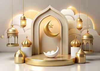 Elegant ramadan decor with golden lanterns and crescent moon