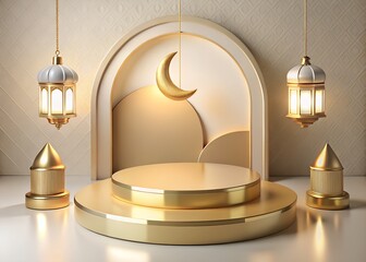 Elegant ramadan decoration with crescent moon and lanterns