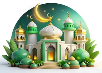 A serene 3d illustration of a mosque under a crescent moon