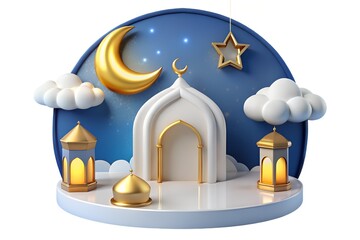 A serene ramadan scene with mosque crescent moon and stars