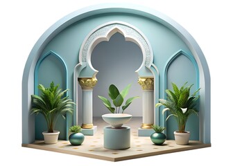 Serene moroccan inspired courtyard with fountain and lush greenery