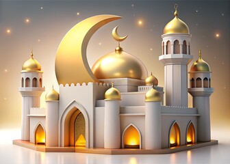 Golden mosque with crescent moon and minarets at night