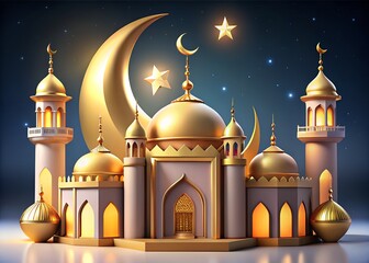 Golden mosque under starry night sky with crescent moon