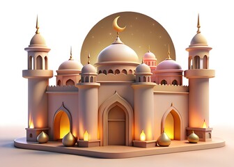A serene 3d rendering of a mosque at sunset with crescent moon
