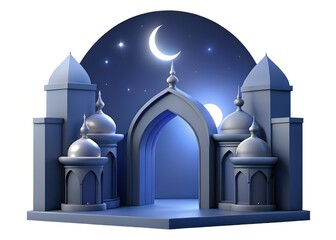 A serene 3d illustration of a mosque under a crescent moon and starry night sky