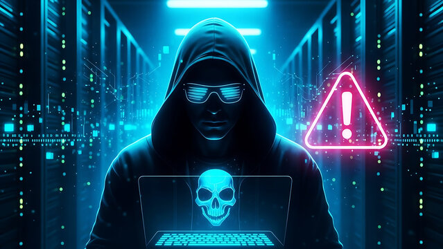 Anonymous cyber hacker wearing glowing glasses works intensely inside a secure data center environment - Powered by Adobe