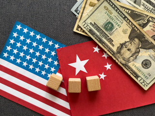 Obraz premium Flags of China and United States of America comparison. USA and China trade war, economic conflict concept.
