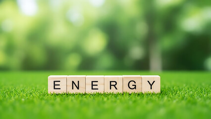 Wooden alphabet blocks spelling the word energy sitting on vibrant green grass outdoors