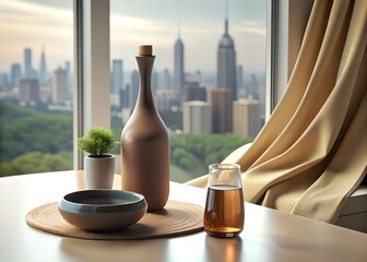 Serene city view from a cozy indoor setting with a drink and bowl