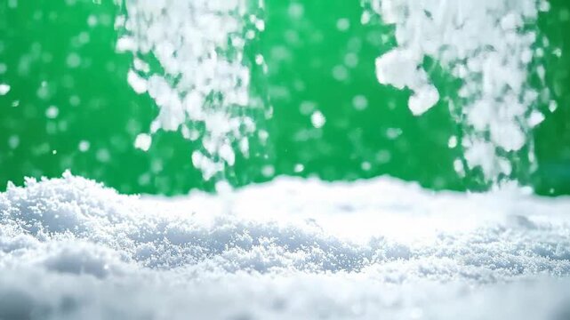 Snowy landscape with delicate snowflakes falling against a vibrant green backdrop.