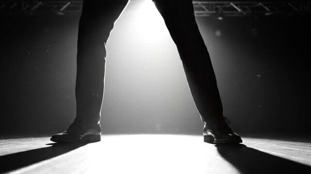 Black and white shot of a person&acirc;&euro;TMs legs and feet tap dancing on a wooden stage with bright spotlight.