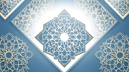 Geometric patterned design with ornamental elements on blue background