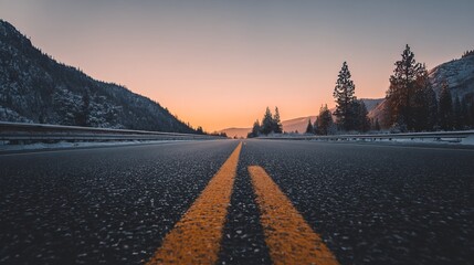 Long road to the horizon through snow covered mountains and pine trees in British Columbia at sunset, orange sky over an empty highway and calm winter nature creating a serene travel scene.