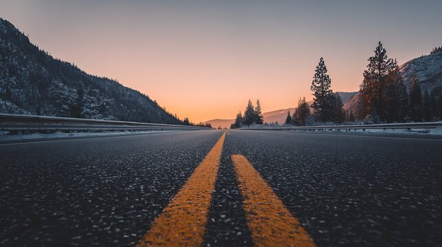 Long road to the horizon through snow covered mountains and pine trees in British Columbia at sunset, orange sky over an empty highway and calm winter nature creating a serene travel scene.