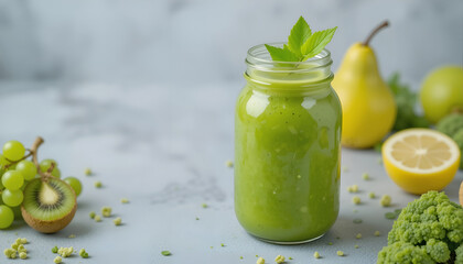 Fresh green smoothie in a glass jar garnished with mint leaves, surrounded by vibrant fruits and vegetables, showcasing healthy lifestyle and nutritious ingredients